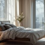 Chambre adulte moderne décorée avec soin, ambiance naturelle et chaleureuse en lumière douce