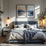 Chambre adulte moderne avec décoration élégante, lumière naturelle et ambiance chaleureuse