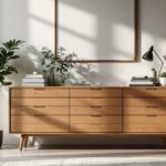 Commode pour chambre adulte en bois clair avec tiroirs, posée dans une chambre moderne et épurée