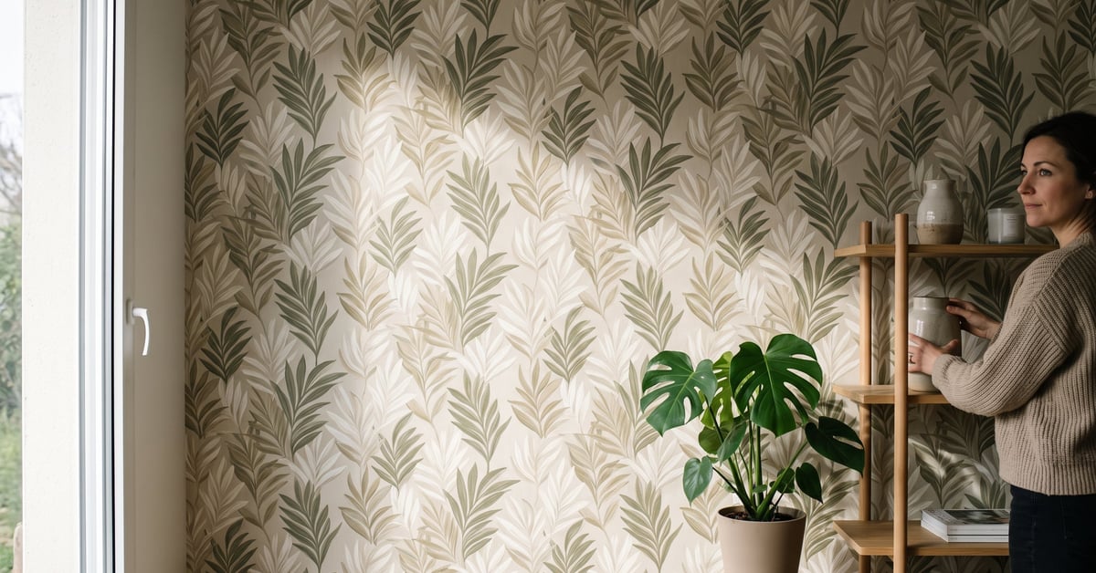 Papier peint feuillage beige dans un salon moderne aux tons naturels et chaleureux