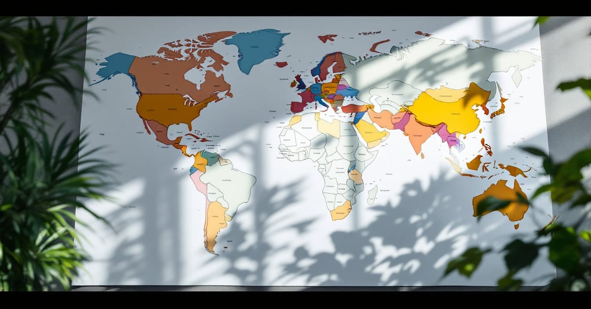 Carte du monde à colorier en ligne sur écran, avec crayons colorés posés sur un bureau moderne