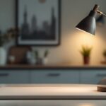 Lampe à poser en papier élégante posée sur une table dans un intérieur moderne et lumineux