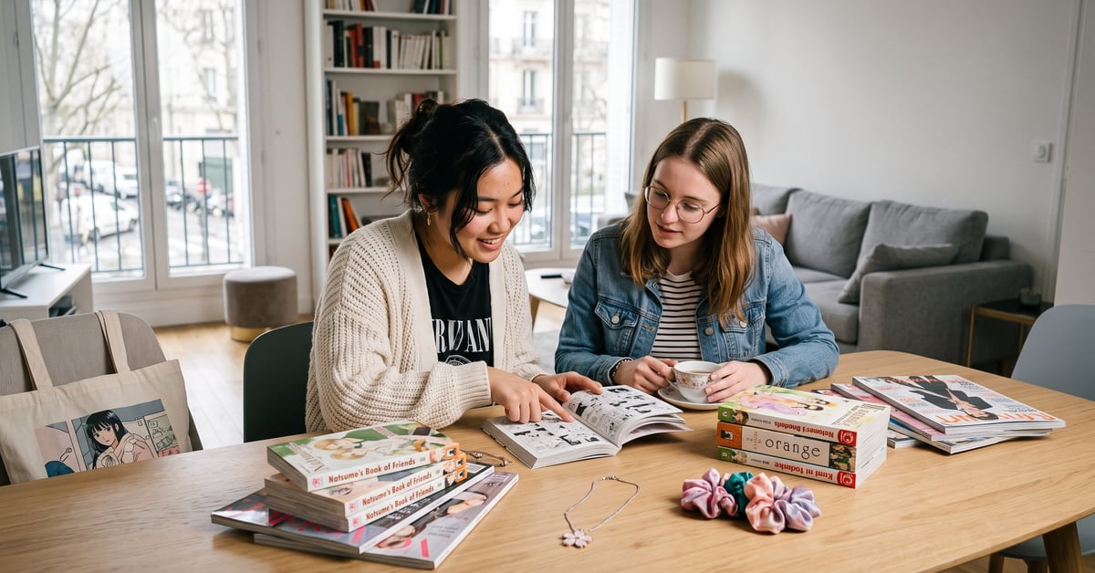 Mangas pour filles, vêtements kawaii, accessoires et livres manga disposés élégamment