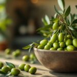 Intérieur moderne avec couleur vert olive sur les murs et accessoires de décoration naturels