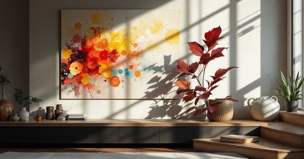 Papiers peints années 70 aux motifs géométriques colorés dans un intérieur moderne et tendance